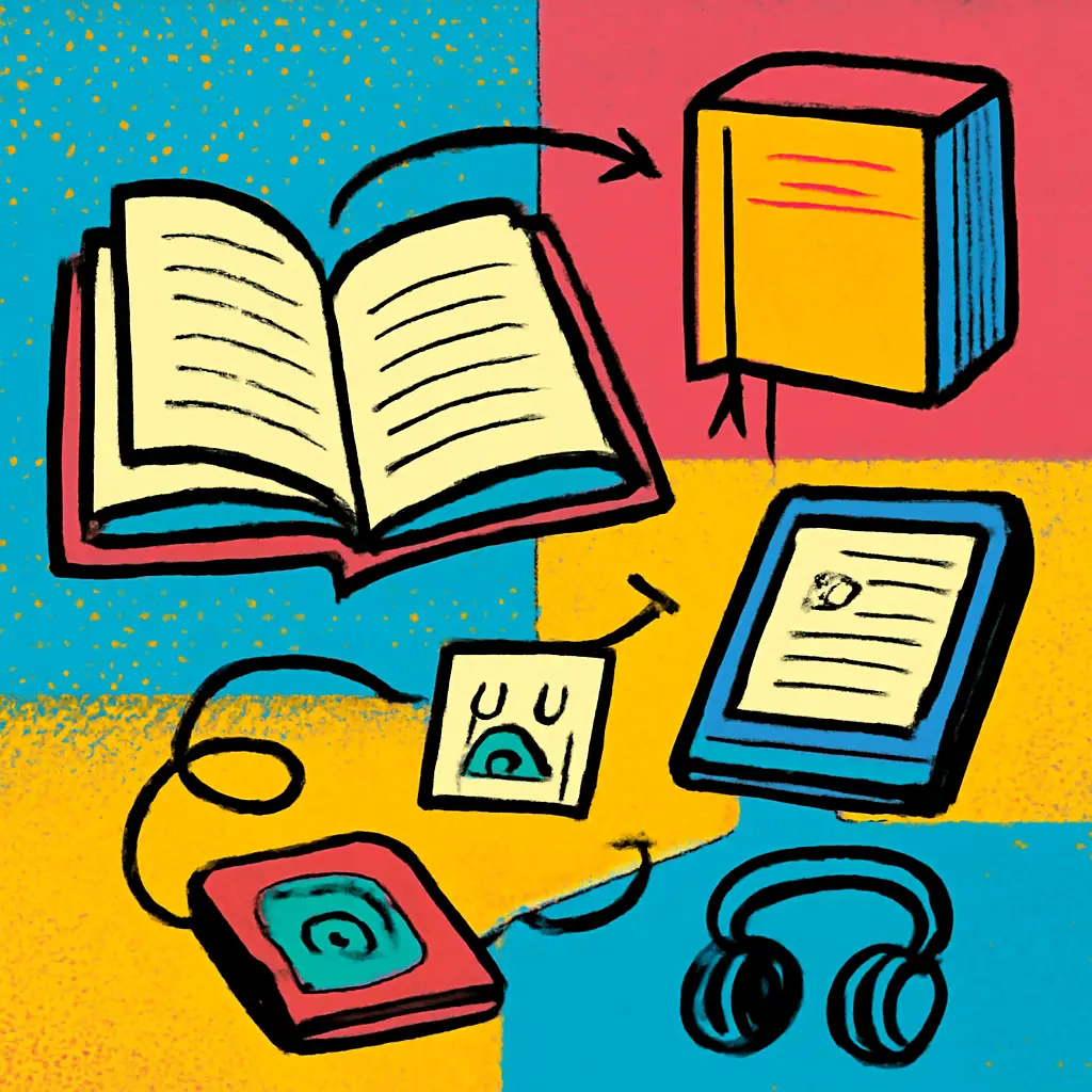 Paperback, e-reader, and headphones connected by a small reading handoff note.