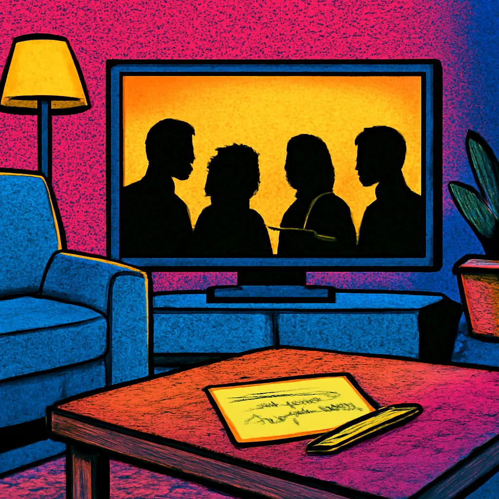 A movie screen with several character silhouettes linked by simple glowing lines above a small note card.